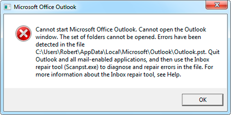 Microsoft Office Outlook प्रारंभ नहीं कर सकता। आउटलुक विंडो को ओपेन नहीं कर सकते। फ़ोल्डरों का सेट खोला नहीं जा सकता। [c:\..\outlook.pst] फ़ाइल में त्रुटियों का पता चला है। आउटलुक और सभी मेल-सक्षम अनुप्रयोगों से बाहर निकलें, और फिर फ़ाइल में त्रुटियों का निदान और सुधार करने के लिए इनबॉक्स सुधार उपकरण (Scanpst.exe) का उपयोग करें। इनबॉक्स सुधार उपकरण के बारे में अधिक जानकारी के लिए, सहायता देखें